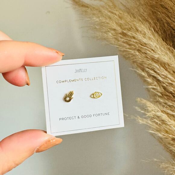 NEW ANTHROPOLOGIE JaxKelly 18kt Hamsa Hand Evil Eye Stud Earring Set Jewelry - Picture 2 of 8